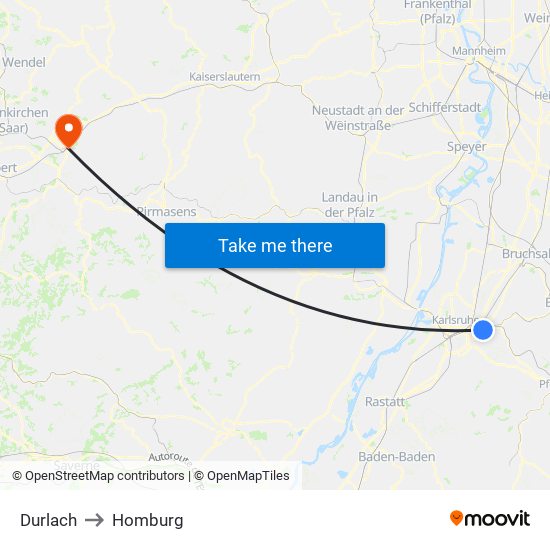 Durlach to Homburg map