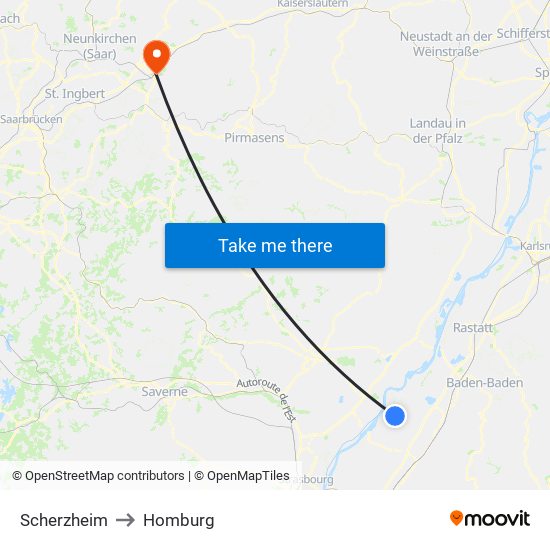 Scherzheim to Homburg map