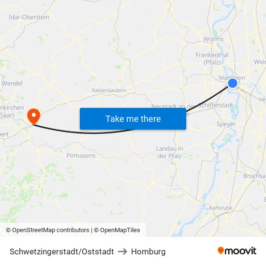 Schwetzingerstadt/Oststadt to Homburg map