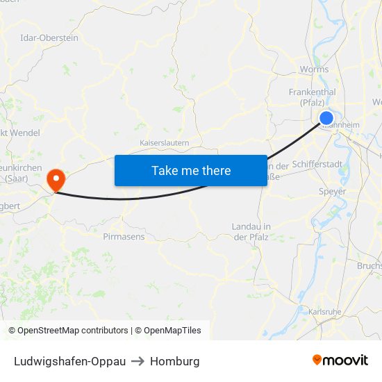 Ludwigshafen-Oppau to Homburg map