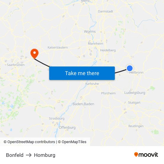 Bonfeld to Homburg map