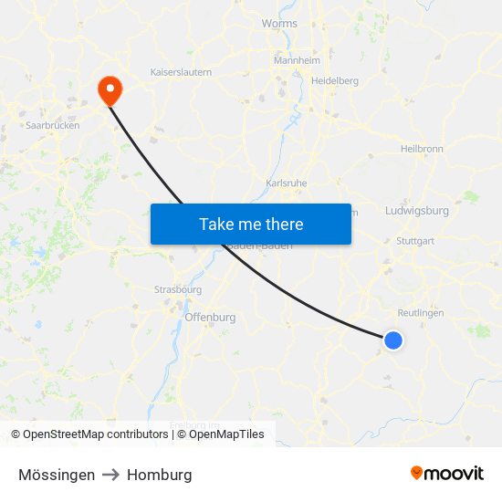 Mössingen to Homburg map