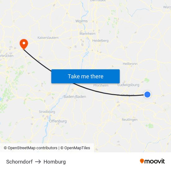 Schorndorf to Homburg map