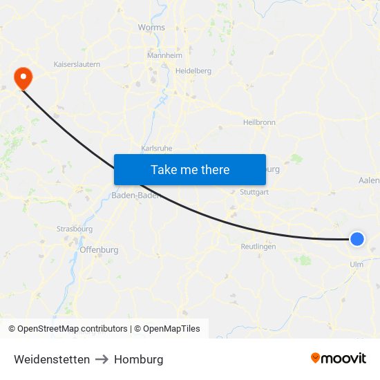 Weidenstetten to Homburg map