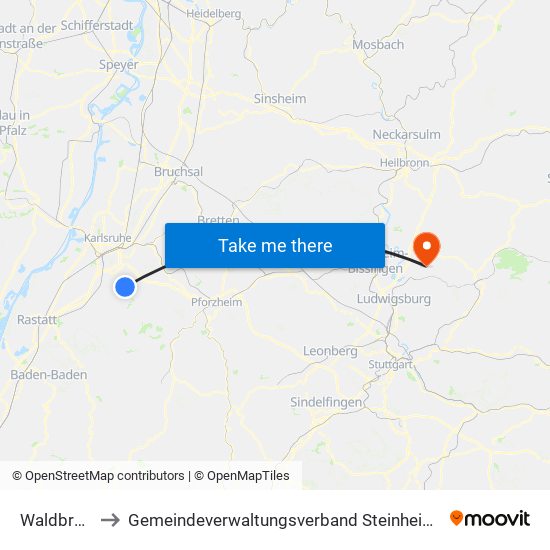 Waldbronn to Gemeindeverwaltungsverband Steinheim-Murr map