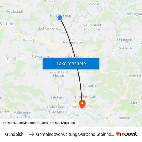 Gundelsheim to Gemeindeverwaltungsverband Steinheim-Murr map