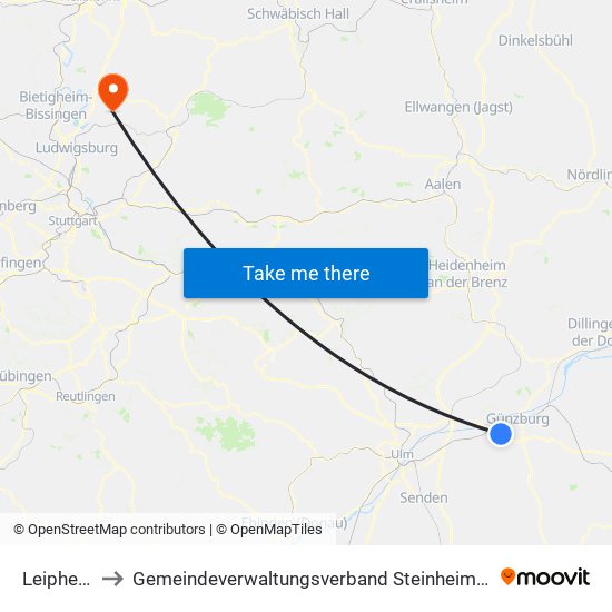 Leipheim to Gemeindeverwaltungsverband Steinheim-Murr map