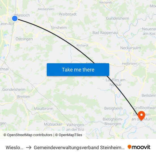 Wiesloch to Gemeindeverwaltungsverband Steinheim-Murr map