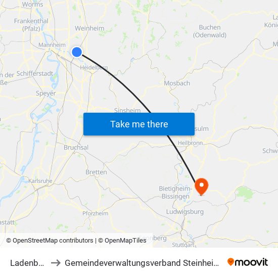 Ladenburg to Gemeindeverwaltungsverband Steinheim-Murr map