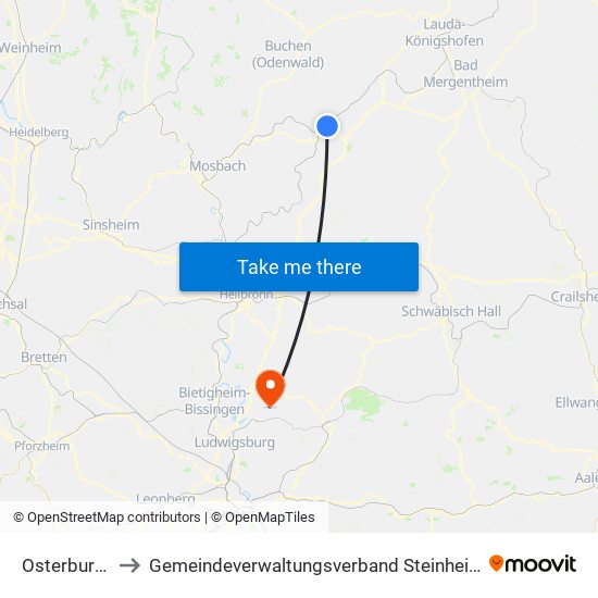 Osterburken to Gemeindeverwaltungsverband Steinheim-Murr map