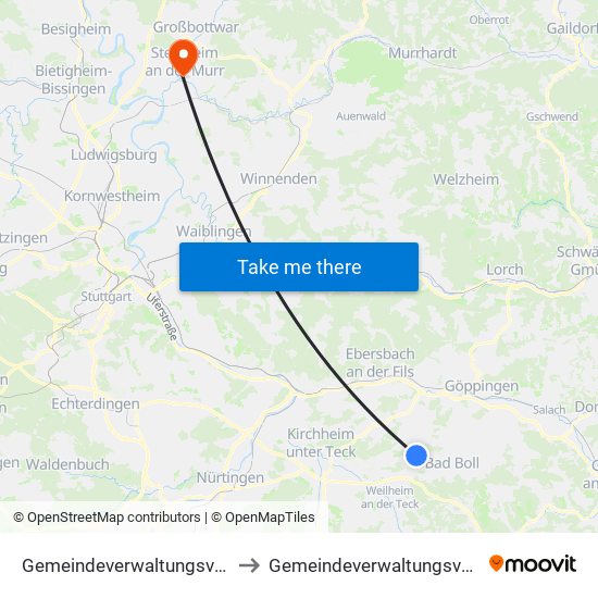 Gemeindeverwaltungsverband Raum Bad Boll to Gemeindeverwaltungsverband Steinheim-Murr map