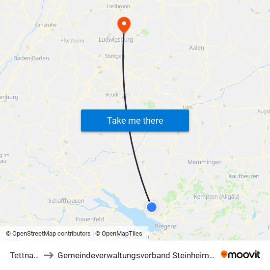 Tettnang to Gemeindeverwaltungsverband Steinheim-Murr map