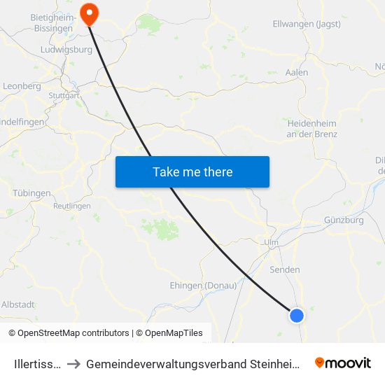 Illertissen to Gemeindeverwaltungsverband Steinheim-Murr map