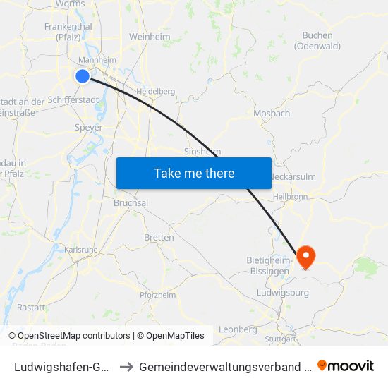 Ludwigshafen-Gartenstadt to Gemeindeverwaltungsverband Steinheim-Murr map