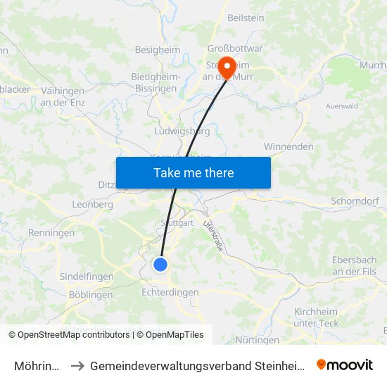 Möhringen to Gemeindeverwaltungsverband Steinheim-Murr map