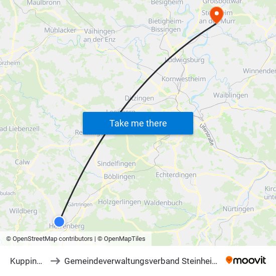 Kuppingen to Gemeindeverwaltungsverband Steinheim-Murr map