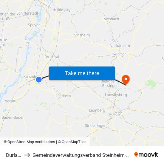 Durlach to Gemeindeverwaltungsverband Steinheim-Murr map