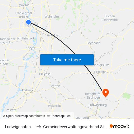 Ludwigshafen-Oppau to Gemeindeverwaltungsverband Steinheim-Murr map