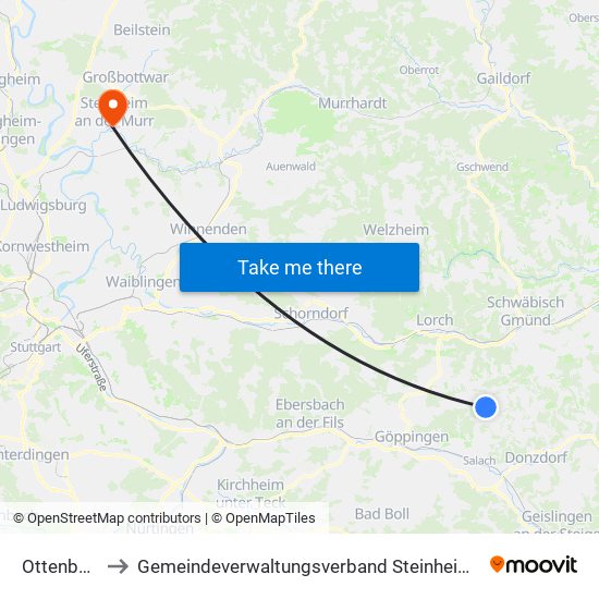 Ottenbach to Gemeindeverwaltungsverband Steinheim-Murr map