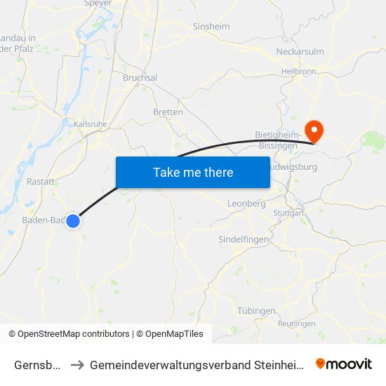 Gernsbach to Gemeindeverwaltungsverband Steinheim-Murr map