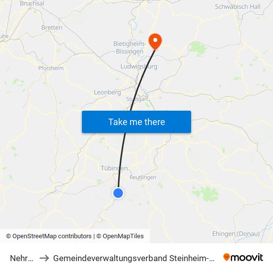 Nehren to Gemeindeverwaltungsverband Steinheim-Murr map