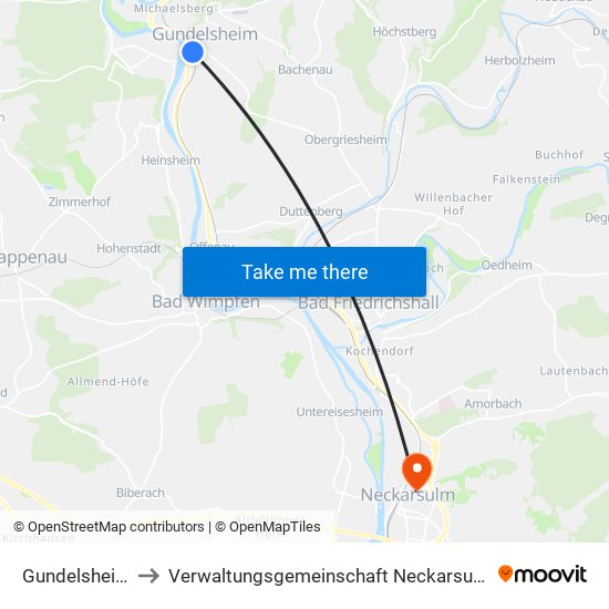 Gundelsheim to Verwaltungsgemeinschaft Neckarsulm map