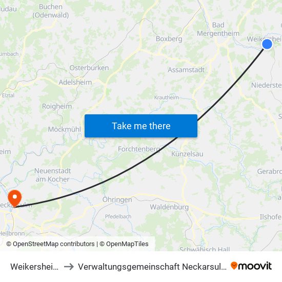 Weikersheim to Verwaltungsgemeinschaft Neckarsulm map