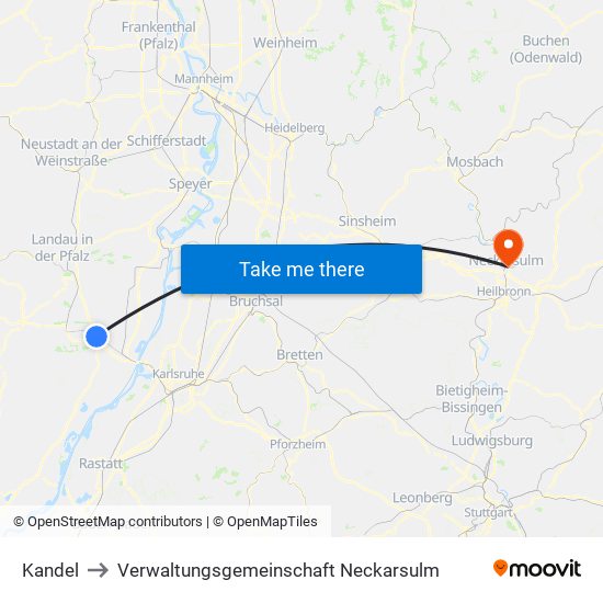 Kandel to Verwaltungsgemeinschaft Neckarsulm map