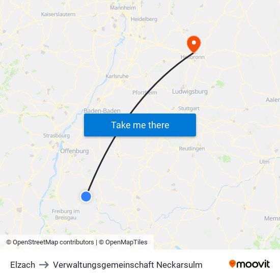 Elzach to Verwaltungsgemeinschaft Neckarsulm map