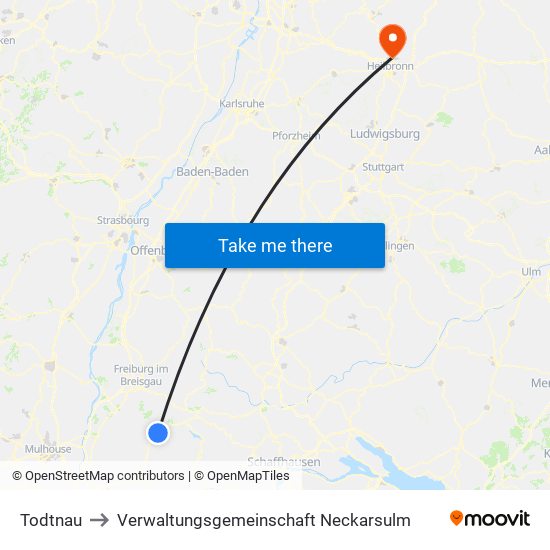 Todtnau to Verwaltungsgemeinschaft Neckarsulm map