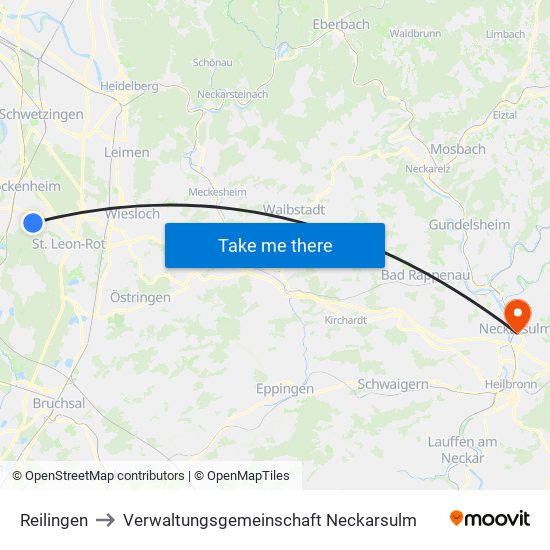 Reilingen to Verwaltungsgemeinschaft Neckarsulm map