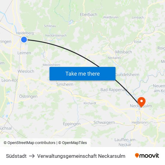 Südstadt to Verwaltungsgemeinschaft Neckarsulm map