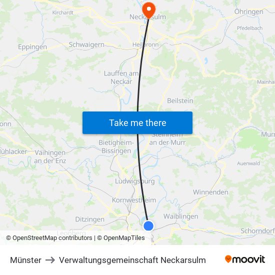 Münster to Verwaltungsgemeinschaft Neckarsulm map