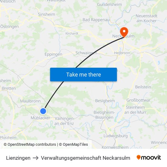 Lienzingen to Verwaltungsgemeinschaft Neckarsulm map