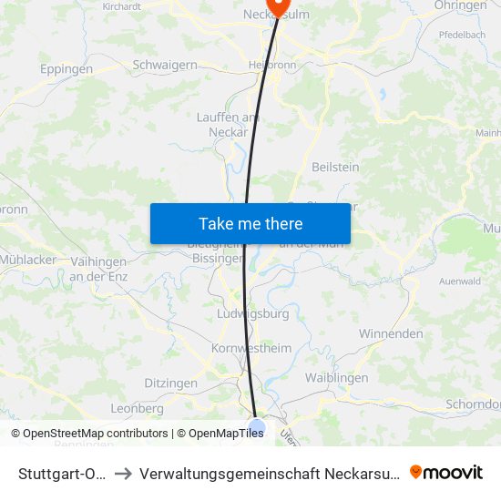 Stuttgart-Ost to Verwaltungsgemeinschaft Neckarsulm map