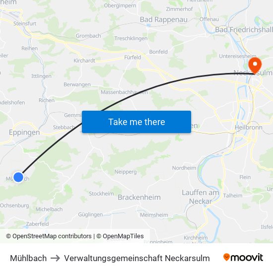 Mühlbach to Verwaltungsgemeinschaft Neckarsulm map