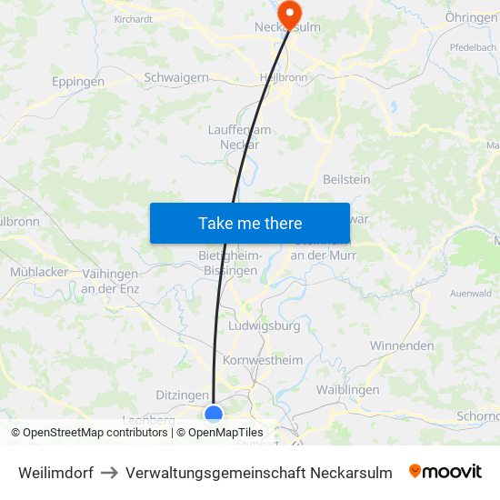 Weilimdorf to Verwaltungsgemeinschaft Neckarsulm map