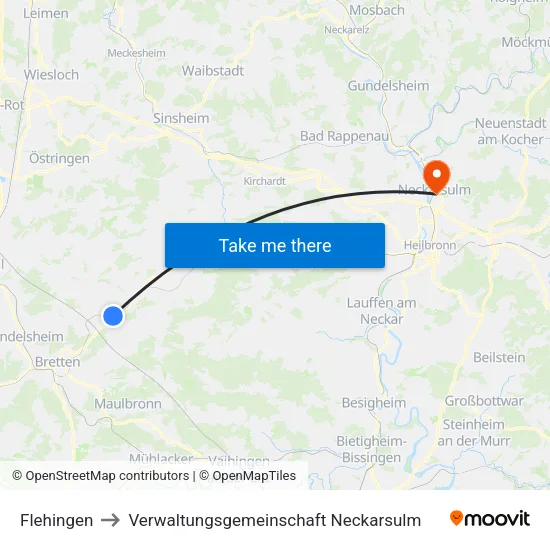 Flehingen to Verwaltungsgemeinschaft Neckarsulm map