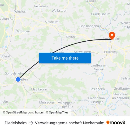 Diedelsheim to Verwaltungsgemeinschaft Neckarsulm map