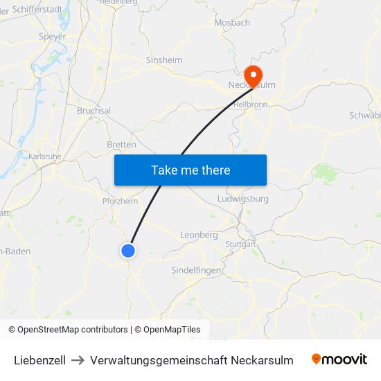 Liebenzell to Verwaltungsgemeinschaft Neckarsulm map