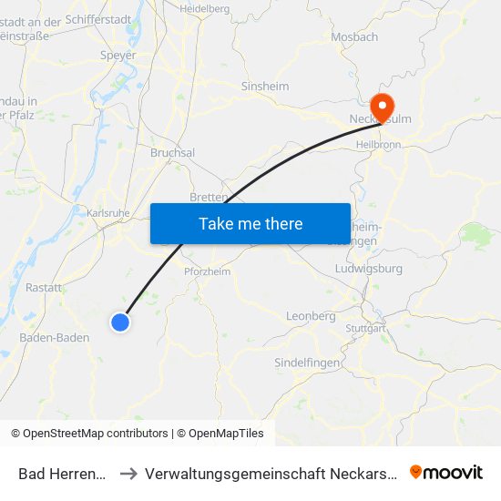 Bad Herrenalb to Verwaltungsgemeinschaft Neckarsulm map