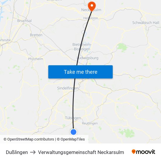Dußlingen to Verwaltungsgemeinschaft Neckarsulm map