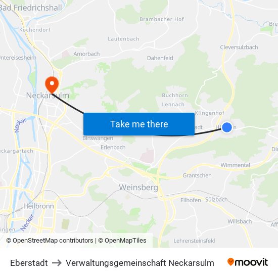 Eberstadt to Verwaltungsgemeinschaft Neckarsulm map
