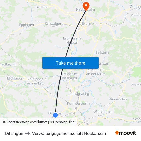 Ditzingen to Verwaltungsgemeinschaft Neckarsulm map