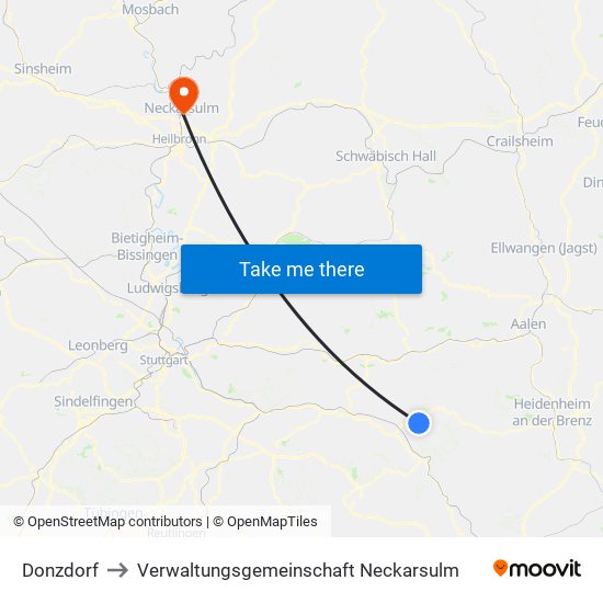 Donzdorf to Verwaltungsgemeinschaft Neckarsulm map