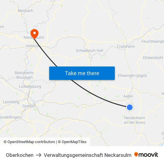 Oberkochen to Verwaltungsgemeinschaft Neckarsulm map