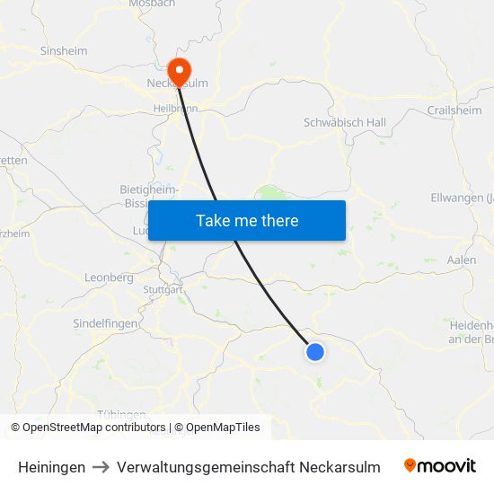 Heiningen to Verwaltungsgemeinschaft Neckarsulm map