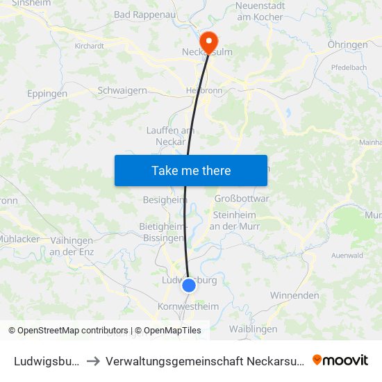 Ludwigsburg to Verwaltungsgemeinschaft Neckarsulm map