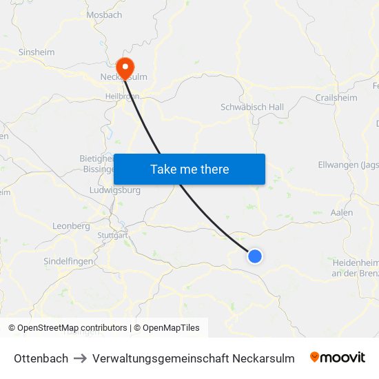 Ottenbach to Verwaltungsgemeinschaft Neckarsulm map