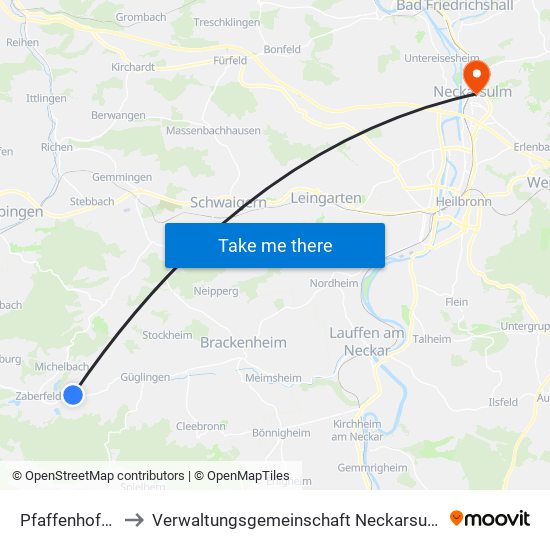 Pfaffenhofen to Verwaltungsgemeinschaft Neckarsulm map